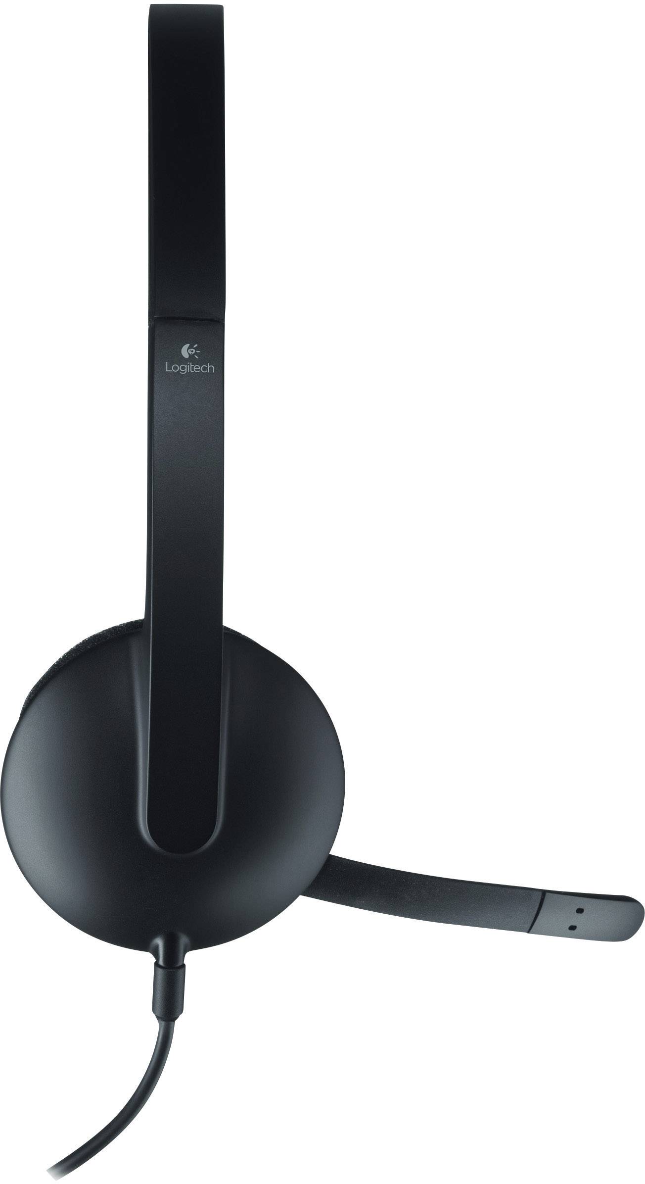 Schwarzes, kabelgebundenes Headset mit verstellbarem Mikrofonarm, geeignet für Computer und Kommunikation.