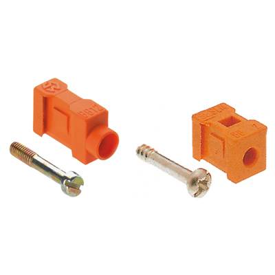 Zwei orangefarbene Kunststoffstecker mit jeweils einer Schraube, die für eine elektrische Verbindung oder Montage verwendet werden.