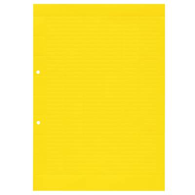 Gelbes, gelochtes Blatt Papier im Hochformat, linierte Oberfläche.