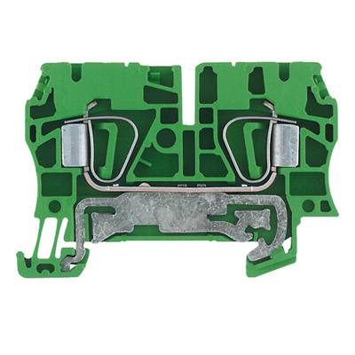 Grüne, rechteckige Klemme mit Metallkontakten und symmetrischem Design für elektrische Verbindungen.