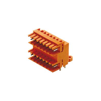 Ein orangener, mehrstufiger Steckverbinder mit mehreren Anschlussstiften, geeignet für elektrische Schaltungen und Verbindungen.