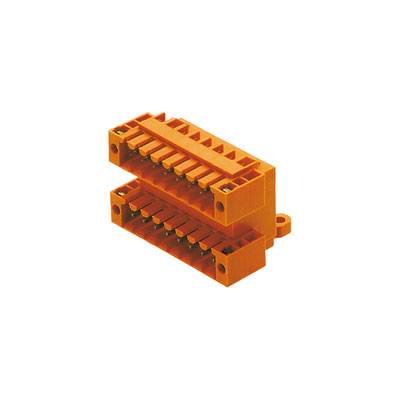 Ein orangefarbener, rechteckiger elektrischer Stecker mit zwei übereinanderliegenden Reihen von Steckplätzen.