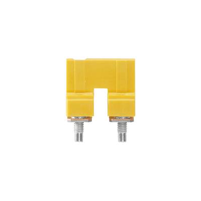 Gelbes elektrisches Sicherungselement mit zwei silbernen Anschlussstiften. Geeignet für die Absicherung elektrischer Stromkreise.
