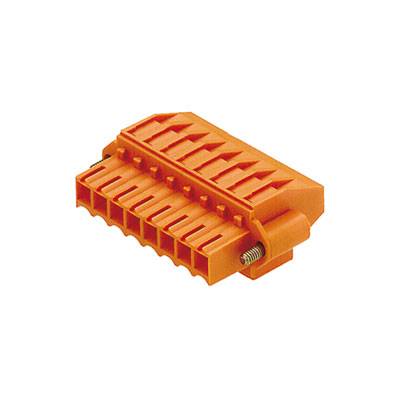 Oranger Steckverbinder mit mehrfachem Anschluss, geeignet für die Verbindung elektrischer Leitungen in automatisierten Systemen.