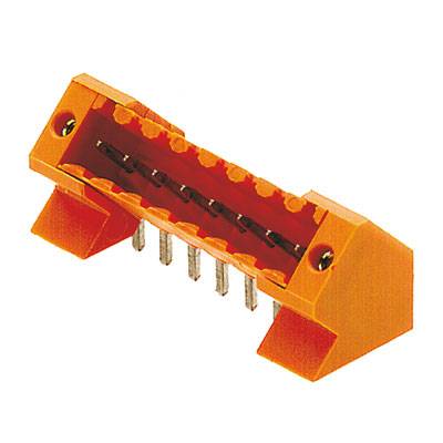 An orange connector with multiple metal pins, suitable for electronic connections on circuit boards.