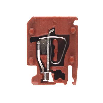 Eine Nahaufnahme eines roten internen Schalters mit sichtbarem Metallkontakt und Mechanismus, umgeben von Kunststoffgehäuse.