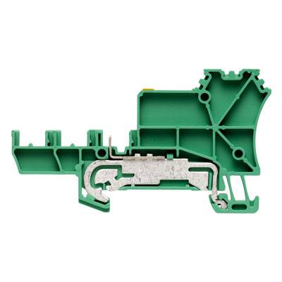 Querschnitt eines grünen Klemmenblocks aus Kunststoff mit sichtbaren Metallteilen, verwendet in elektrischen Anwendungen für Leitungsverbindungen.