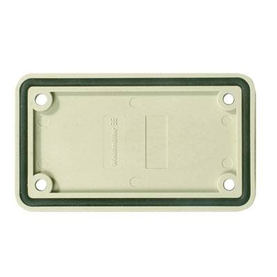 Rechteckige, hellgraue Kunststoffplatte mit vier Schraublöchern an den Ecken. Die Platte hat eine leichte Vertiefung in der Mitte.