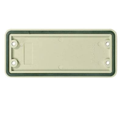 Rechteckige, flache Kunststoffbox mit vier Schraubenlöchern in den Ecken, beige.