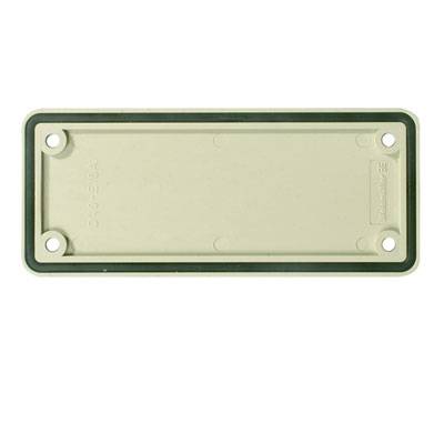 Rechteckige Metallplatte mit vier Befestigungslöchern, geeignet als Abdeckung oder Befestigungselement. Beige Farbe.