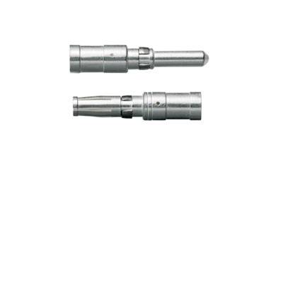 Zwei metallische Stecker, einer mit rundem Stift, der andere mit einer röhrenförmigen Öffnung. Geeignet für elektrische Verbindungen.