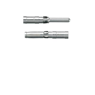 Zwei metallische Steckverbinder, einer in Hauptansicht, der andere seitlich, mit glatter Oberfläche und zylindrischem Design.
