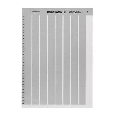 Weißer Beschriftungsbogen von Weidmüller, unterteilt in vertikale Streifen für individuelle Beschriftung, oben mit Produktnummer.