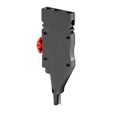 Ein schwarzes elektronisches Bauteil mit schmaler, länglicher Form und rotem Element in der Mitte, das in industrieller Automatisierung verwendet wird.