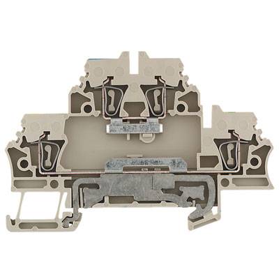 Doppelstockklemmenblock aus grauem Kunststoff mit Metallkontakten, dargestellt in einer Schnittansicht.