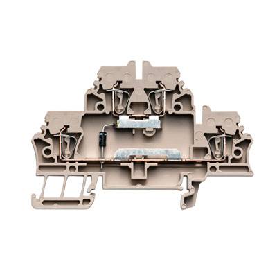 Ein modularer, beiger Reihenklemmblock mit metallischen Verbindungselementen und einer Sicherung in der Mitte.