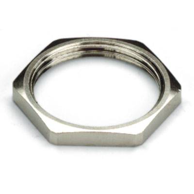 Metallische Sechskantmutter mit glatter, leerer Innenseite, vor weißem Hintergrund. Geeignet für mechanische Anwendungen.