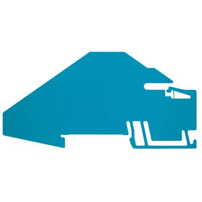 Blaues, geometrisches Design auf weißem Hintergrund, das an ein stilisiertes Profil einer Maschine oder eines technischen Elements erinnert.