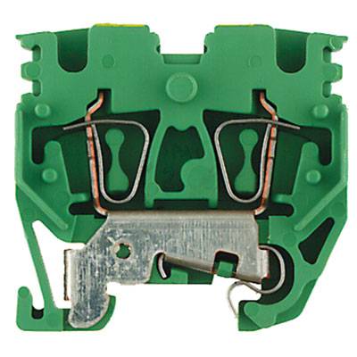 Grüner elektrischer Reihenklemmenadapter aus Kunststoff mit Metallkomponenten, seitlich montiert, zur Befestigung von Drähten.