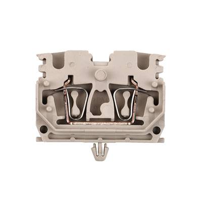 Eine beige Kunststoffklemme mit zwei Metallkontakten und Befestigungspunkten. Sie dient der Verbindung elektrischer Leiter in Schaltschränken.