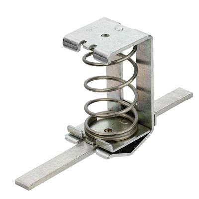 Ein Metallfederclip für die Montage auf einem flachen Untergrund. Er besitzt eine Spiralfeder und eine Halterung zur Befestigung.