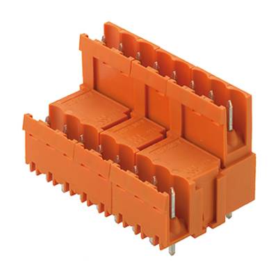 Ein orangener Steckverbinder mit mehreren Anschlusspunkten, geeignet für die Integration in elektronische Geräte oder Schaltungen.