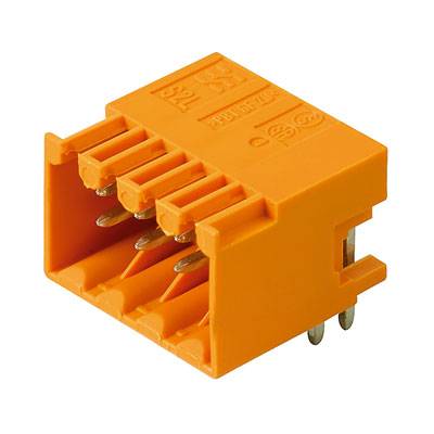 Orange Steckverbinder mit sechs Metallpins, geeignet für elektrische Verbindungen.