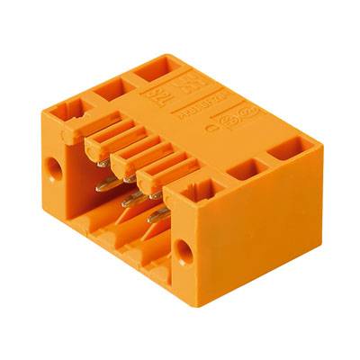 Ein orangefarbener, rechteckiger elektrischer Steckverbinder mit mehreren Pins, verwendet für elektrische Verkabelungen oder Verbindungen.