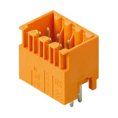 Ein orangefarbener Steckverbinder mit mehreren Metallstiften zum Einstecken in eine Platine, oft verwendet in elektronischen Geräten.