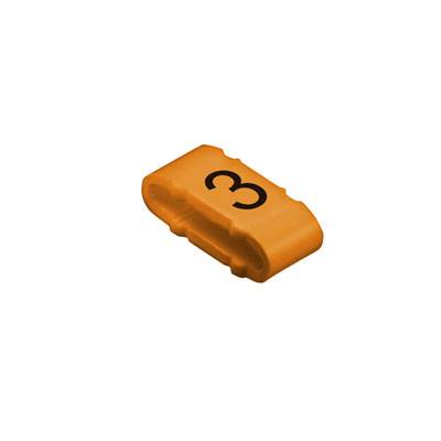 Eine orangefarbene Beschriftungsklemme mit der Zahl '3' darauf.