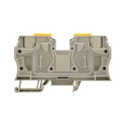 Ein grauer, modularer Reihenklemmenblock für elektrische Verbindungssysteme mit gelben Markierungen oben, seitliche Montagehalterung.