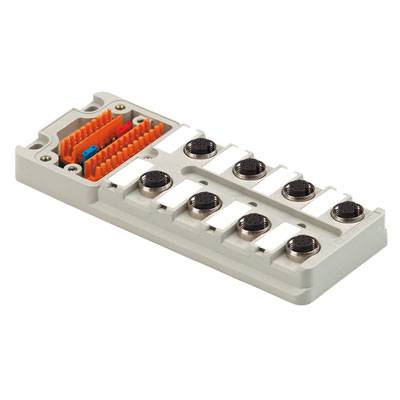 Ein rechteckiges elektronisches Modul mit mehreren runden Anschlüssen und einer orangefarbenen Steckverbindung links oben.