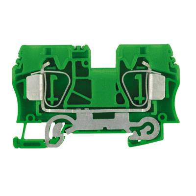 Grüne Anschlussklemme mit einem metallischen Verbinder in der Mitte, verwendet für elektrische Verbindungen in Schaltschränken.