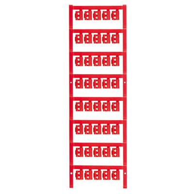 Eine rote Metallstruktur mit neun horizontalen Reihen von Halterungen. Jede Reihe enthält mehrere identische Halterungen.