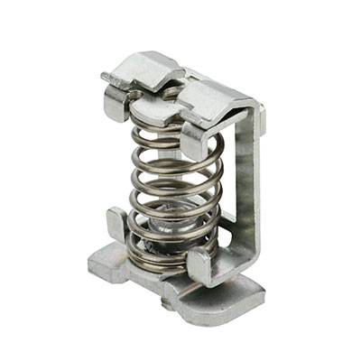 Metallische Druckfeder in einer Halterung, möglicherweise Teil eines mechanischen Systems zur Dämpfung oder Spannungsregulierung.