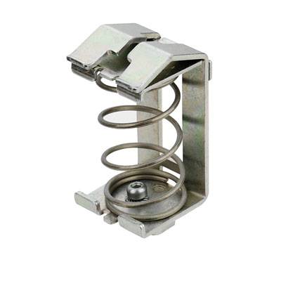 Metallfeder mit Halterung aus Edelstahl, geeignet zur Befestigung an elektronischen Geräten. Schraubpunkt in der Basis sichtbar.