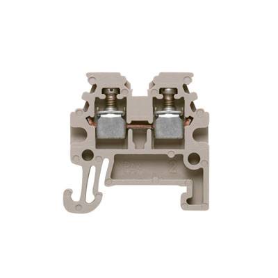 Klemmenblock in Nahaufnahme, verwendbar zur Verdrahtung in elektrischen Schaltkästen. Beige Farbe, elektrische Anschlüsse sichtbar.