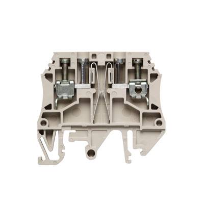 Ein beige farbener, modularer elektrischer Klemmblock mit zwei Schraubanschlüssen, der für die Verbindung von Drähten verwendet wird.