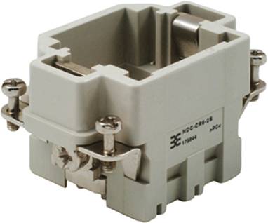 Ein weißer elektrischer Steckverbinder mit mehreren Anschlusspunkten und sichtbaren Schrauben, verwendet in industriellen Anwendungen.