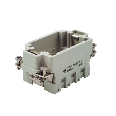 Rechteckiger elektrischer Steckverbinder mit grauem Kunststoffgehäuse, Schraubverschlüssen an den Seiten und erhabener Beschriftung oben.