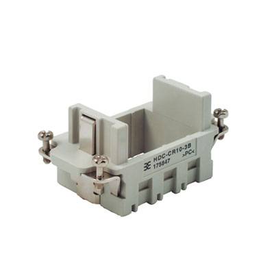 Ein grauer rechteckiger Steckverbinderhalter mit metallischen Schraubverbindungen, gekennzeichnet mit 'HDC-CR10-3B'.