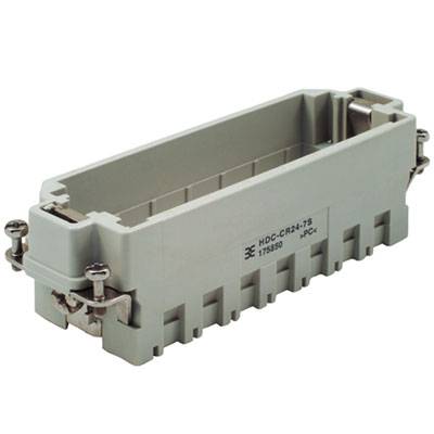 Ein rechteckiger, grauer Steckverbindergehäuse mit Metallklammern zur Befestigung, geeignet für industrielle Anwendungen.