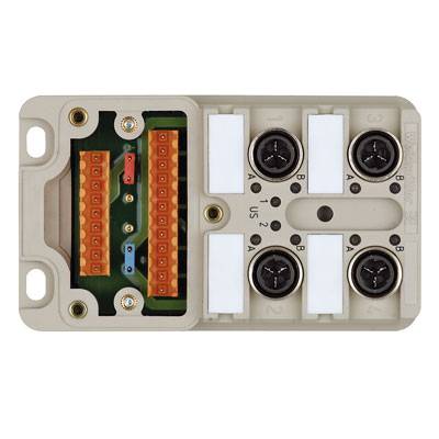 Ein elektronisches Bauteil mit mehreren Anschlüssen, Schrauben und vier kreisförmigen Steckverbindungen in einem rechteckigen Gehäuse.