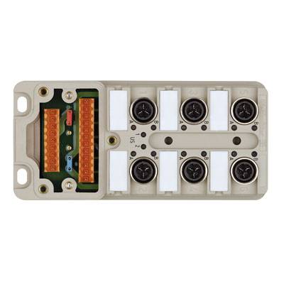 Ein elektrisches Verbindungsmodul mit mehreren Steckplätzen und Buchsen, möglicherweise Teil eines größeren technischen Systems.