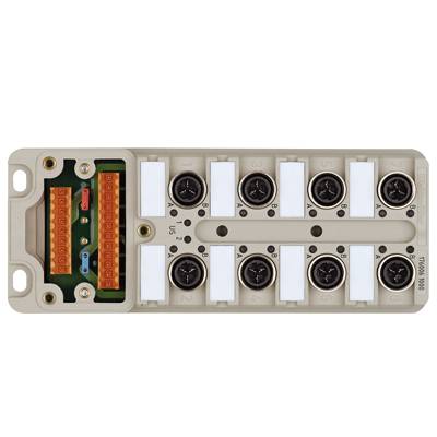 Ein elektrisches Verteilerterminal mit mehreren Anschlussklemmen und Steckplätzen, vermutlich für Schaltschrankanwendungen.