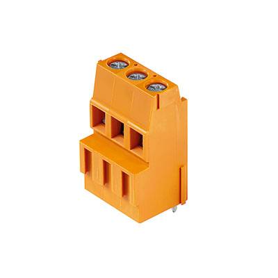 Oranger Steckverbinder mit drei Anschlüssen, rechteckige Form, geeignet für elektrische Verbindungen auf Leiterplatten.