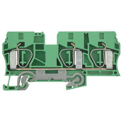 Ein grüner elektrischer Klemmenblock mit metallischen Kontaktteilen zur Verbindung von Leitern in elektrischen Schaltungen.