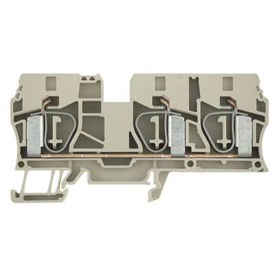 Ein grauer Klemmenblock mit zwei Metallkontakten, die durch eine Leiterplatte verbunden sind, wird von oben gezeigt.
