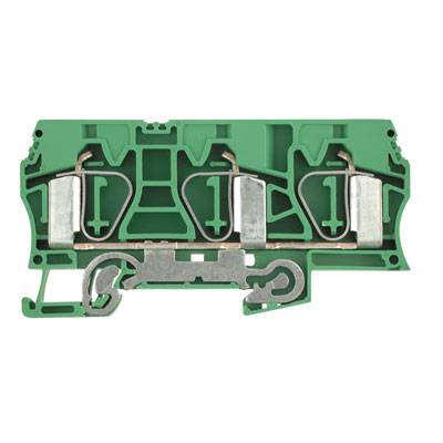 Ein grüner elektrischer Verbindungsklemmeblock mit metallischen Klemmen in einem kompakten, rechteckigen Design, frontalansicht.