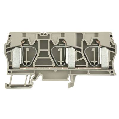 Doppelstock-Reihenklemme mit zwei Verbindungsebenen und Schraubanschlüssen in einem grauen Gehäuse, geeignet für elektrische Verkabelung.